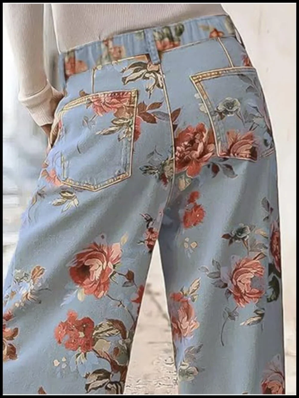 Mid Rise Cropped Wide Leg Floral Jeans Denim Palazzo Pants - Picture 4 of 6